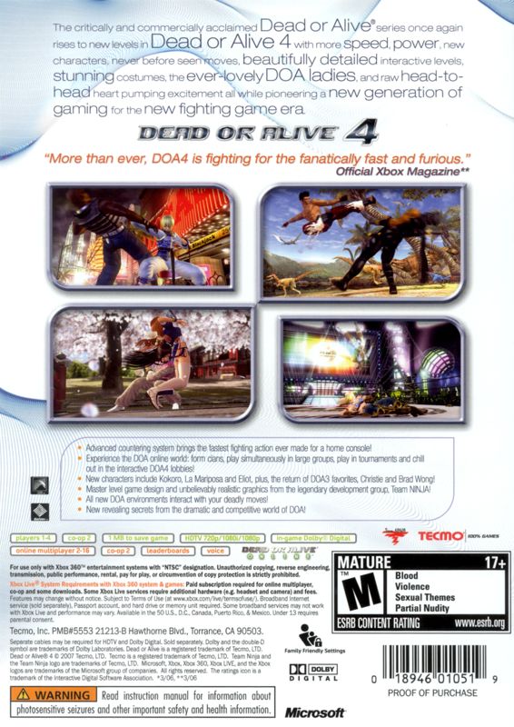 Back Cover for Dead or Alive 4 (Xbox 360) (Platinum Hits release)