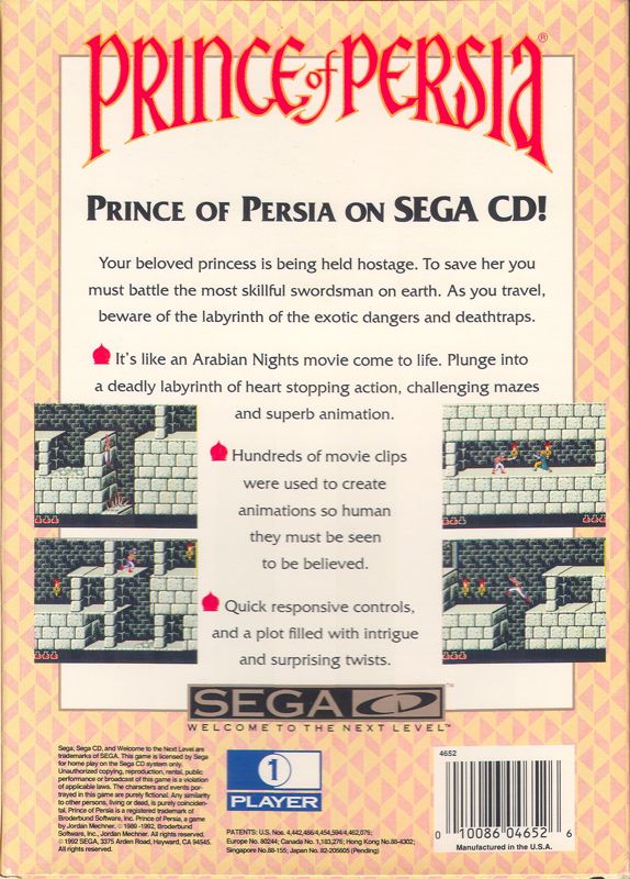 Back Cover for Prince of Persia (SEGA CD)