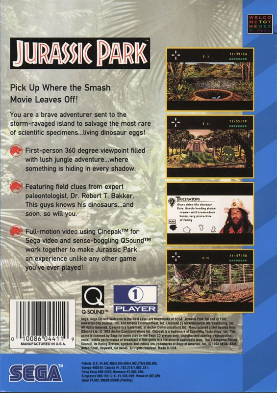Back Cover for Jurassic Park (SEGA CD)