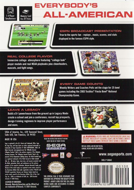 Back Cover for NCAA College Football 2K3 (GameCube)