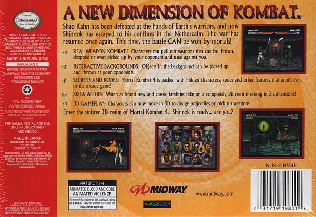 Back Cover for Mortal Kombat 4 (Nintendo 64)