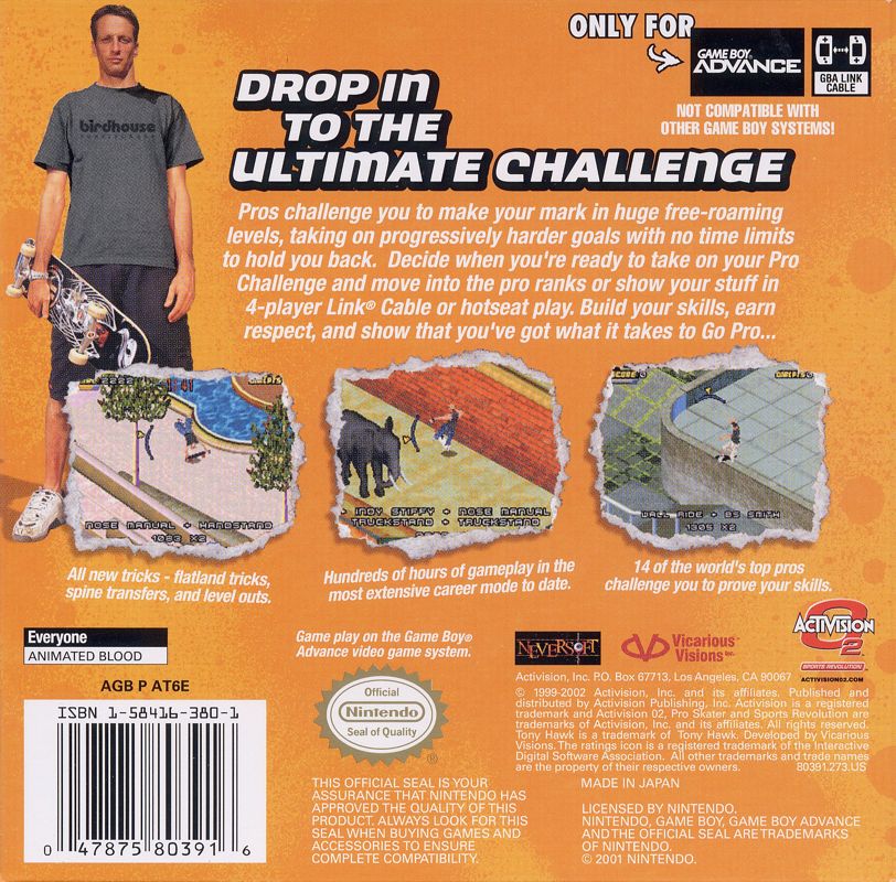 Back Cover for Tony Hawk's Pro Skater 4 (Game Boy Advance)
