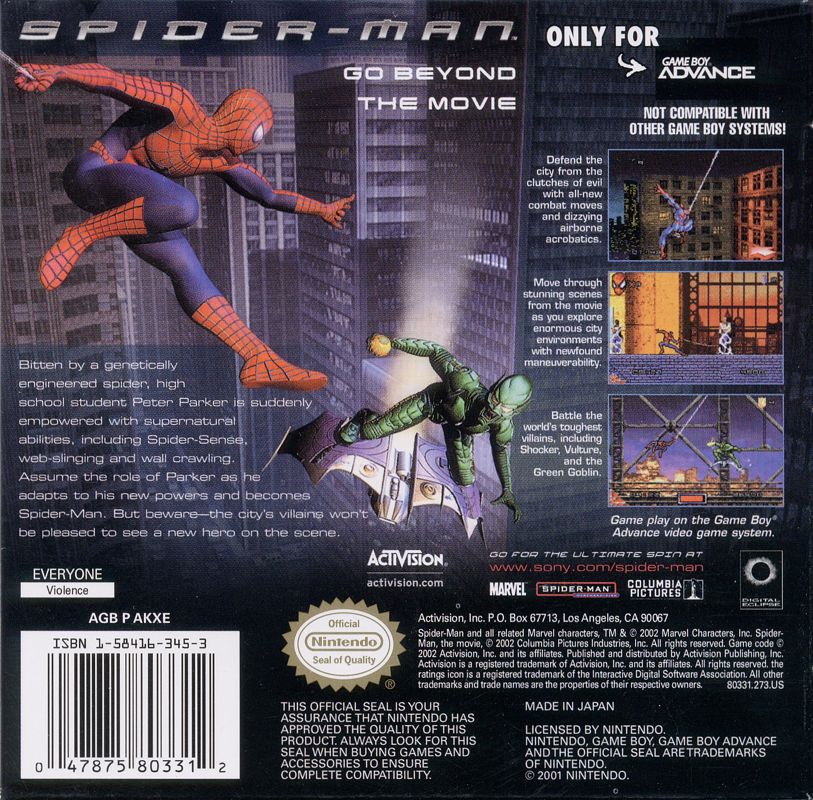 Back Cover for Spider-Man (Game Boy Advance)