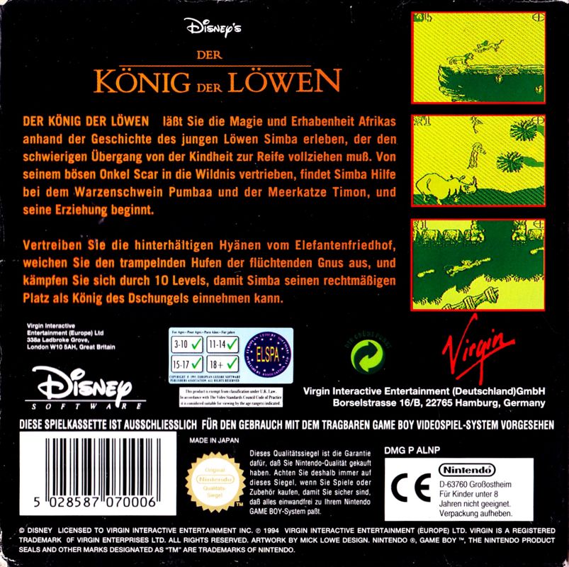 Back Cover for Disney's The Lion King (Game Boy)