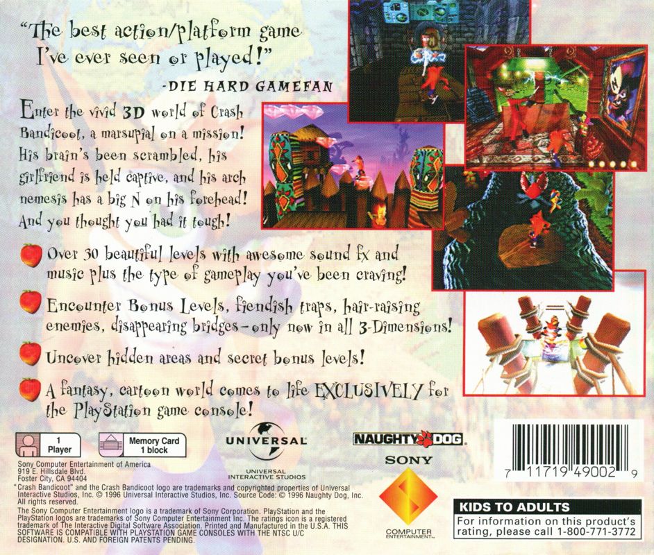 Back Cover for Crash Bandicoot (PlayStation) (Greatest Hits release)