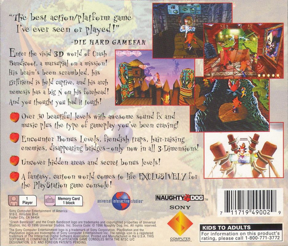 Back Cover for Crash Bandicoot (PlayStation)