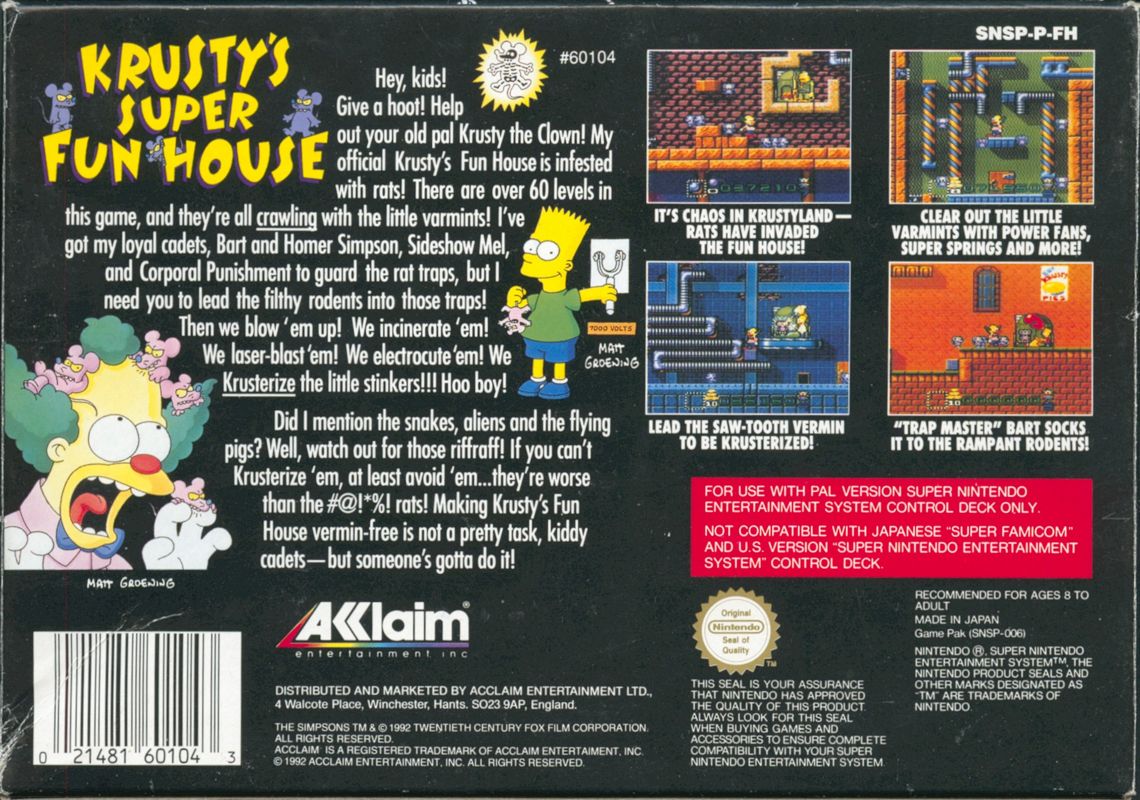 Back Cover for Krusty's Super Fun House (SNES)