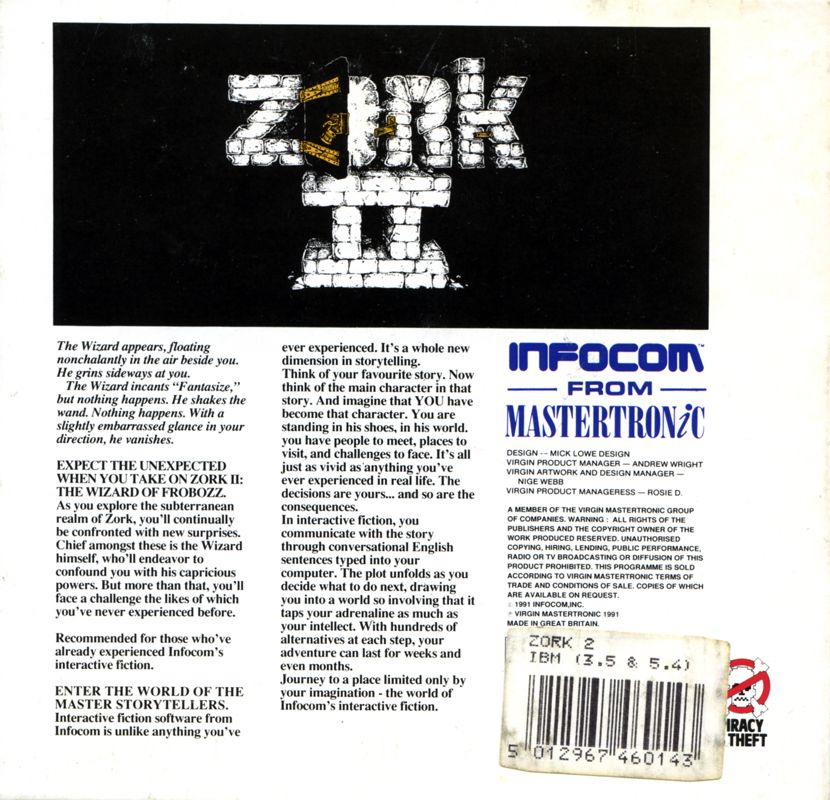 Back Cover for Zork II: The Wizard of Frobozz (DOS) (1991 Mastertronic Release)