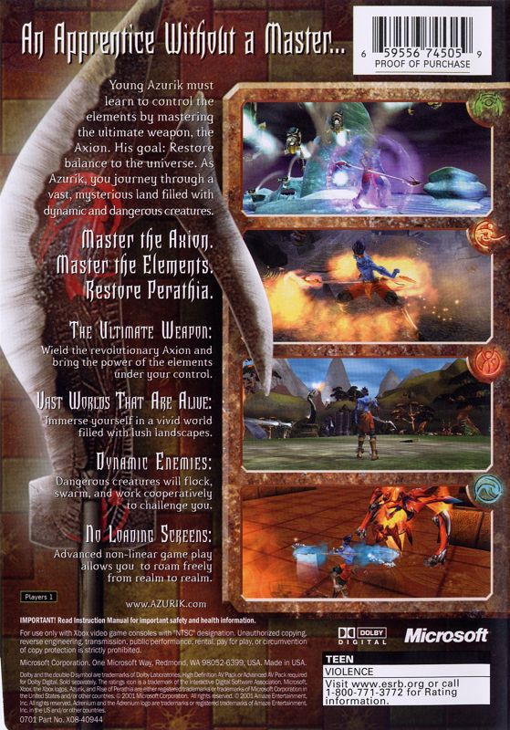 Back Cover for Azurik: Rise of Perathia (Xbox)