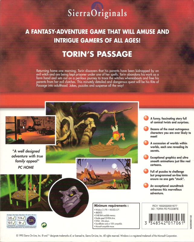 Back Cover for Torin's Passage (DOS and Windows and Windows 16-bit) (SierraOriginals release)