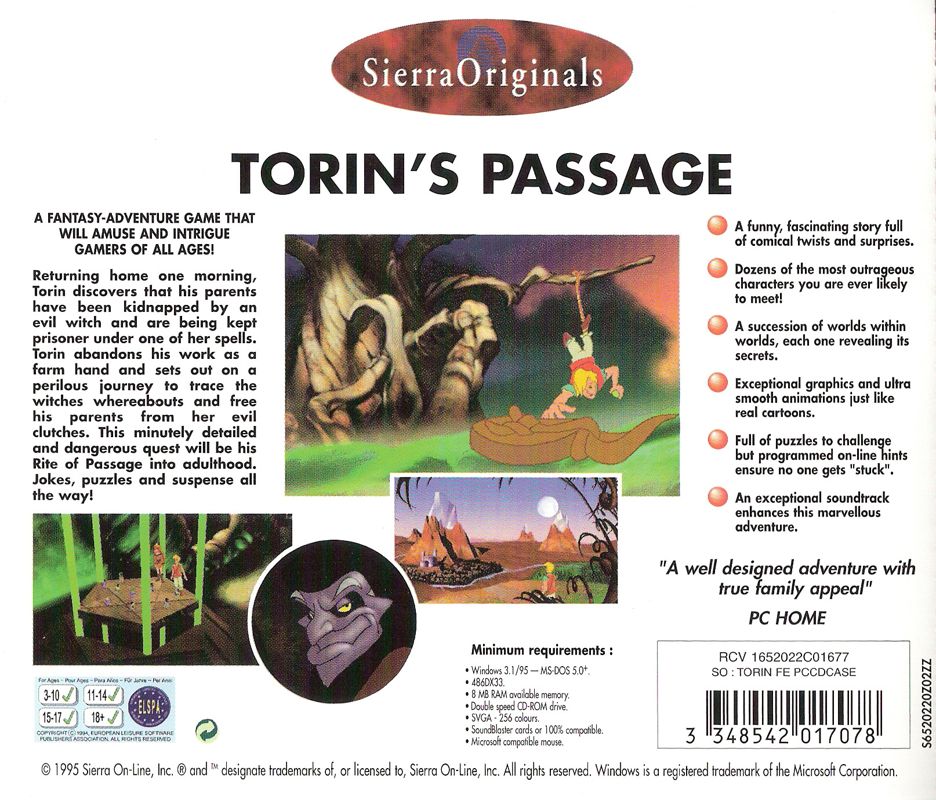 Other for Torin's Passage (DOS and Windows and Windows 16-bit) (SierraOriginals release): Jewel Case - Back