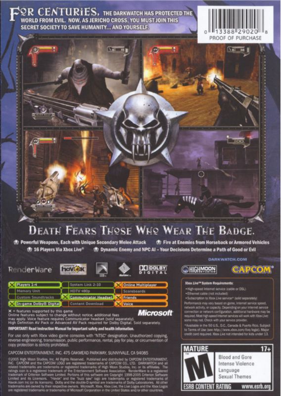 Back Cover for Darkwatch (Xbox)