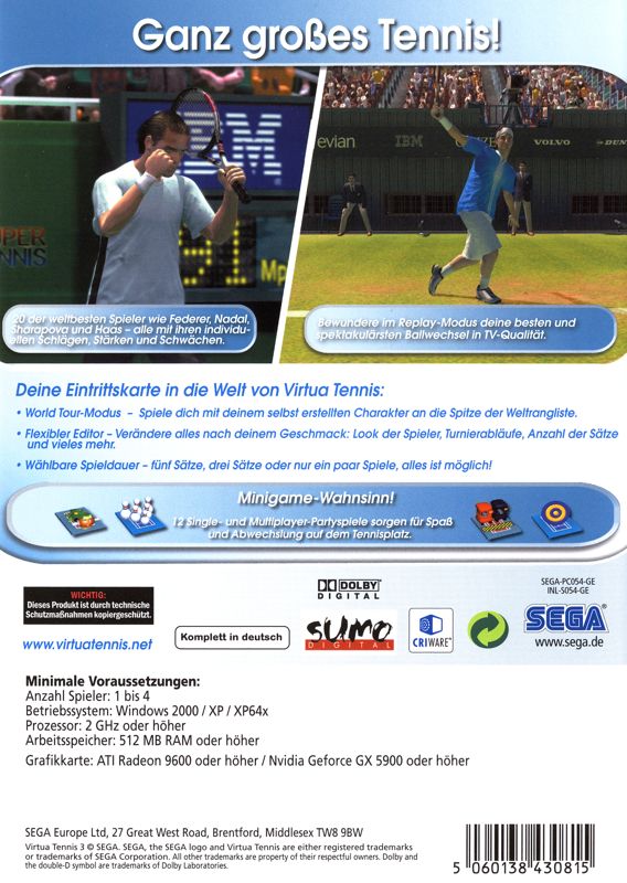 Back Cover for Virtua Tennis 3 (Windows)