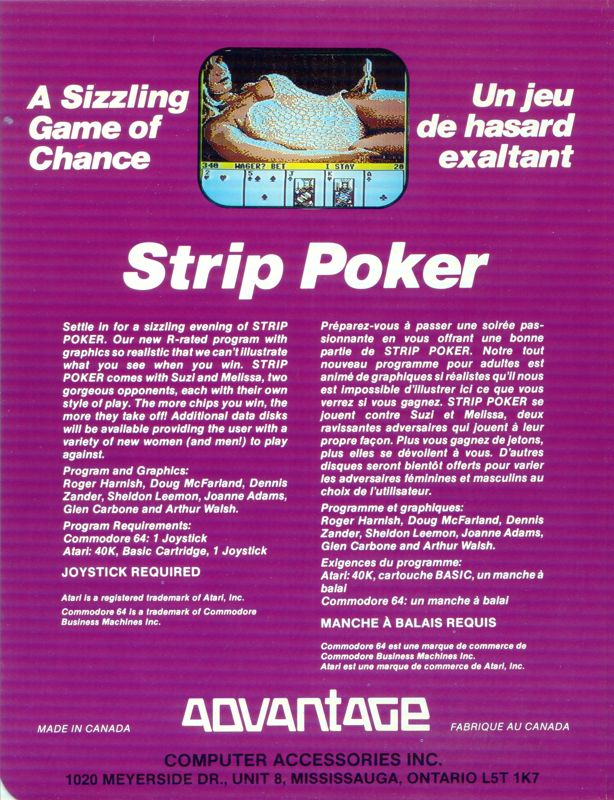Back Cover for Strip Poker: A Sizzling Game of Chance (Atari 8-bit and Commodore 64) (Plastic Box)