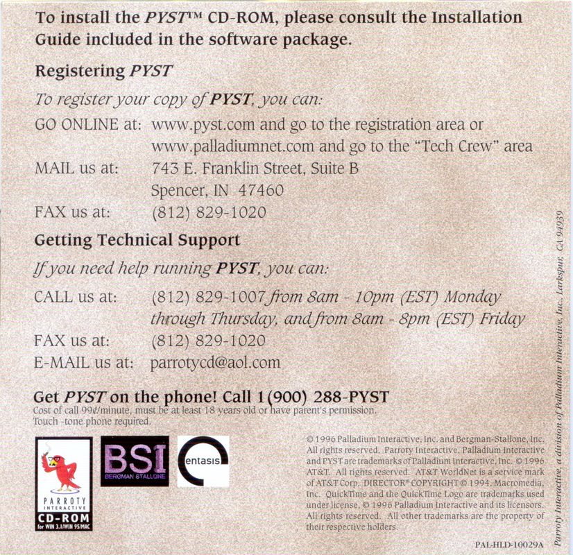Other for Pyst (Special Edition) (Macintosh and Windows and Windows 3.x): Jewel Case - Back