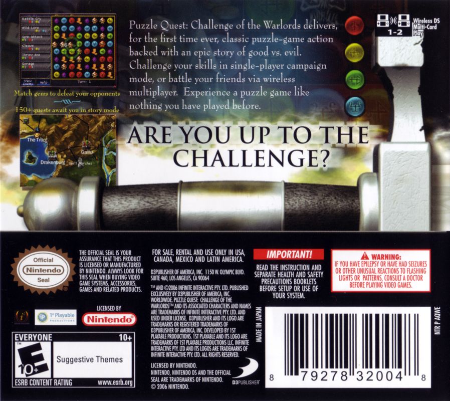 Back Cover for Puzzle Quest: Challenge of the Warlords (Nintendo DS)
