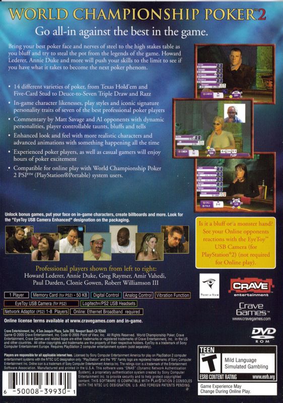 Back Cover for World Championship Poker 2 featuring Howard Lederer (PlayStation 2)