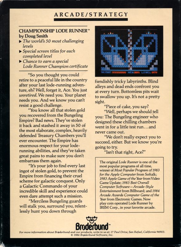 Back Cover for Championship Lode Runner (Atari 8-bit)