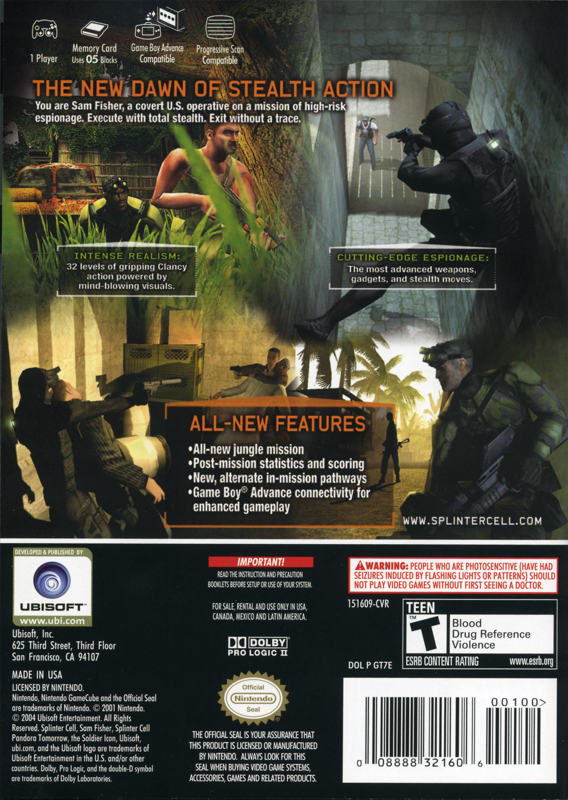 Back Cover for Tom Clancy's Splinter Cell: Pandora Tomorrow (GameCube)