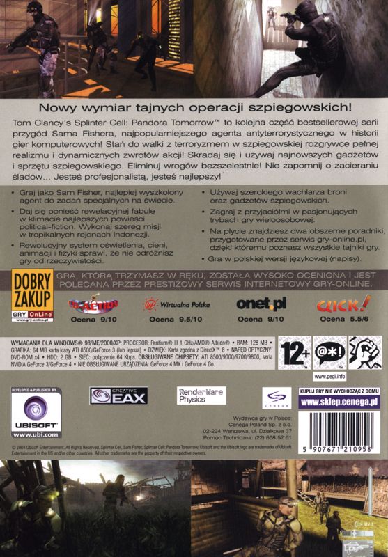 Back Cover for Tom Clancy's Splinter Cell: Pandora Tomorrow (Windows) (Kolekcja Klasyki release)