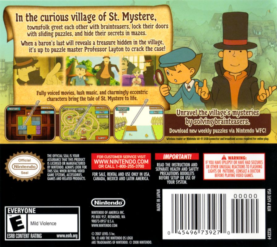 Back Cover for Professor Layton and the Curious Village (Nintendo DS)