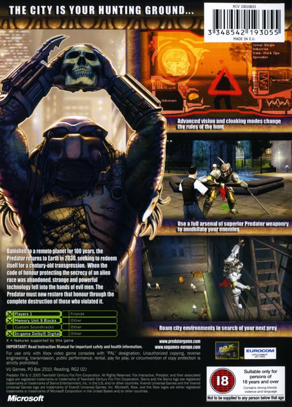 Back Cover for Predator: Concrete Jungle (Xbox)