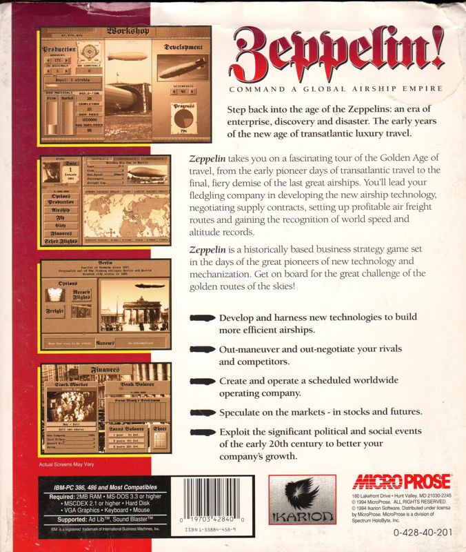 Back Cover for Zeppelin! Command a Global Airship Empire (DOS)