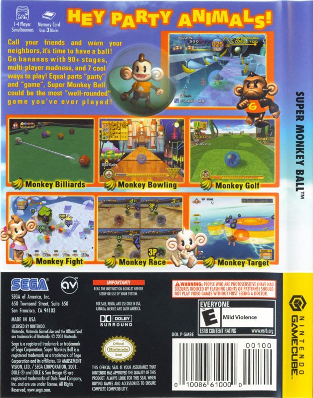Back Cover for Super Monkey Ball (GameCube) (Player's Choice release)