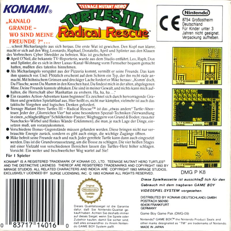 Back Cover for Teenage Mutant Ninja Turtles III: Radical Rescue (Game Boy)
