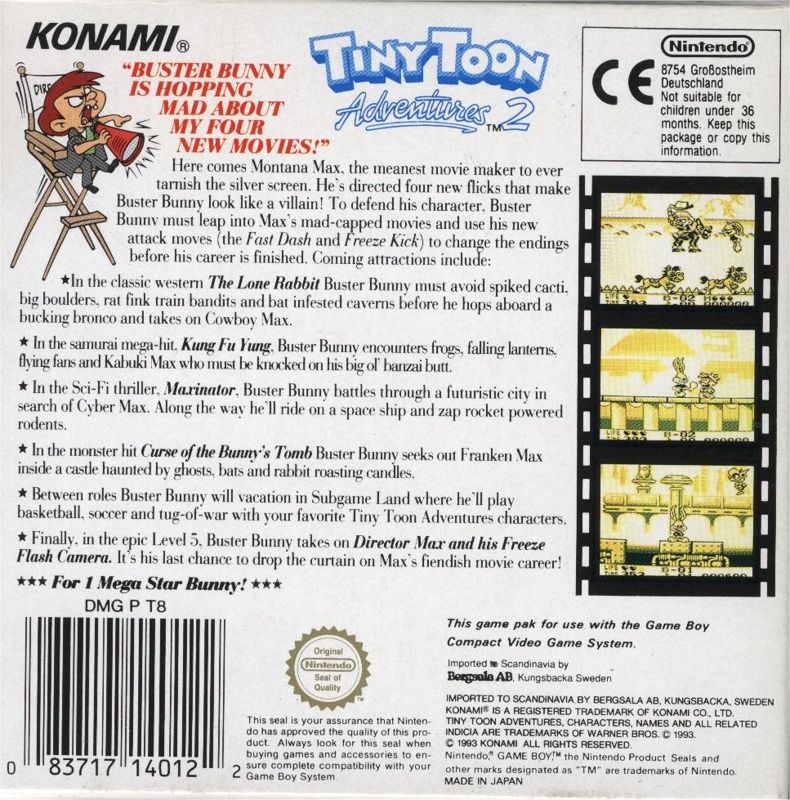 Back Cover for Tiny Toon Adventures 2: Montana's Movie Madness (Game Boy)