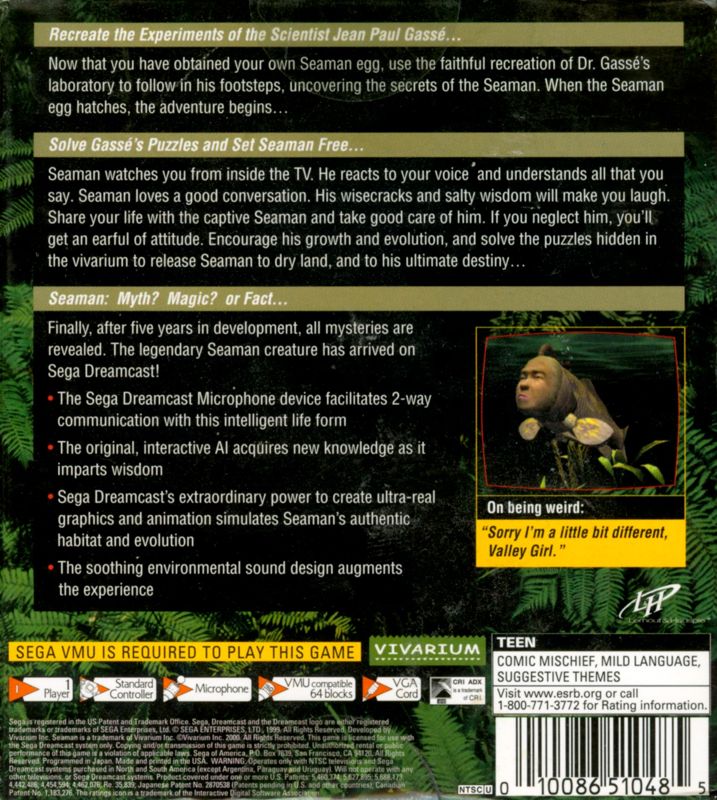 Back Cover for Seaman (Dreamcast)