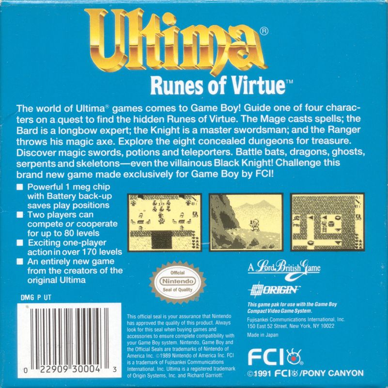 Back Cover for Ultima: Runes of Virtue (Game Boy)