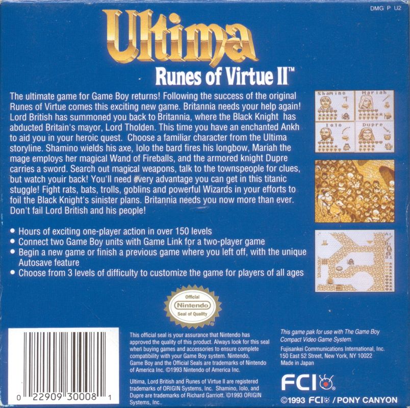 Back Cover for Ultima: Runes of Virtue II (Game Boy)