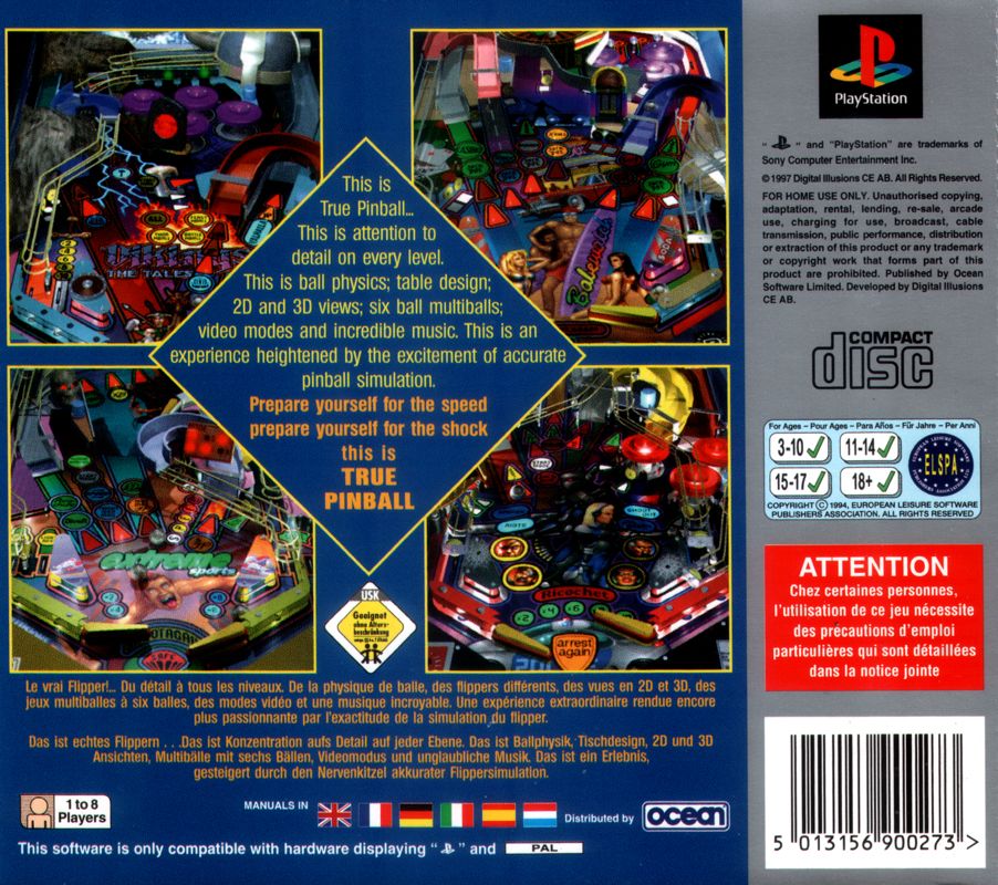 Back Cover for True Pinball (PlayStation) (Platinum Release)