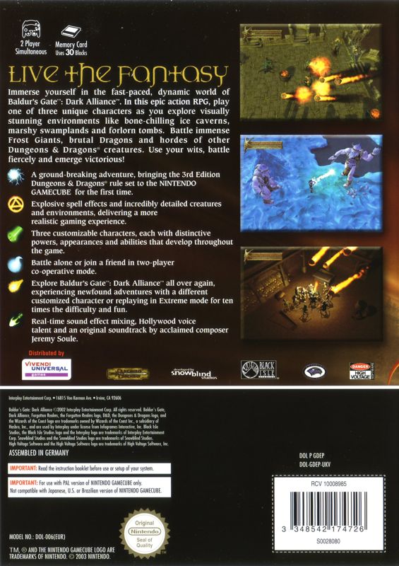 Back Cover for Baldur's Gate: Dark Alliance (GameCube)