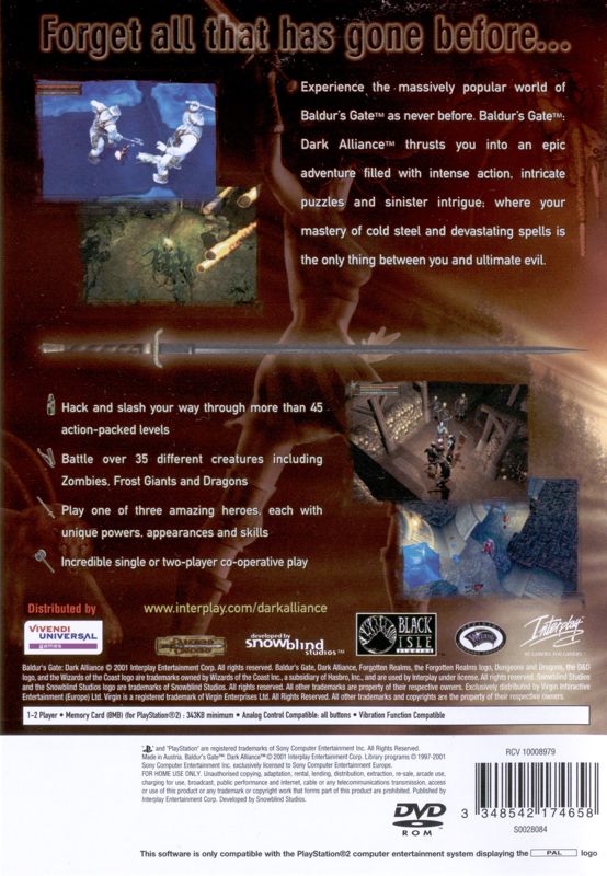 Back Cover for Baldur's Gate: Dark Alliance (PlayStation 2)