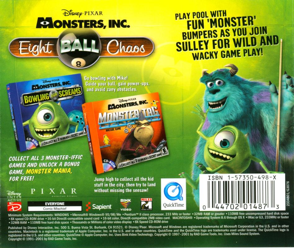 Back Cover for Disney•Pixar's Monsters Inc.: Wreck Room Arcade: Eight Ball Chaos (Macintosh and Windows)