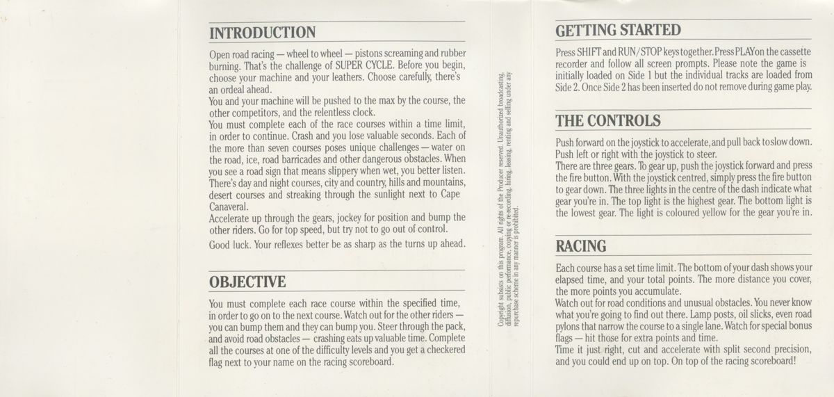 Inside Cover for Super Cycle (Commodore 64) (Cassette version)