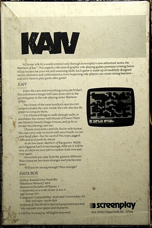 Back Cover for Kaiv (Atari 8-bit and Commodore 64) (All disks and tapes come in the one box.)