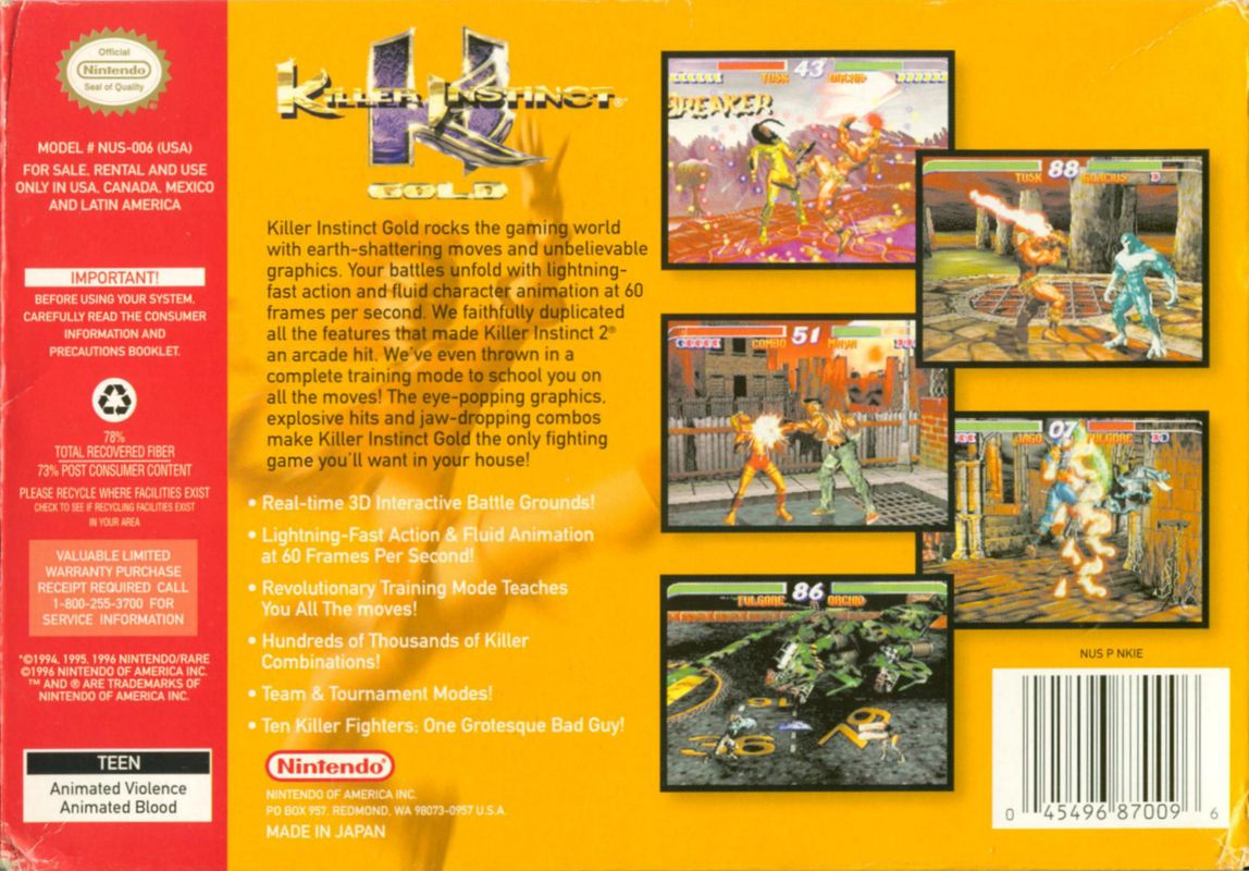 Back Cover for Killer Instinct Gold (Nintendo 64)