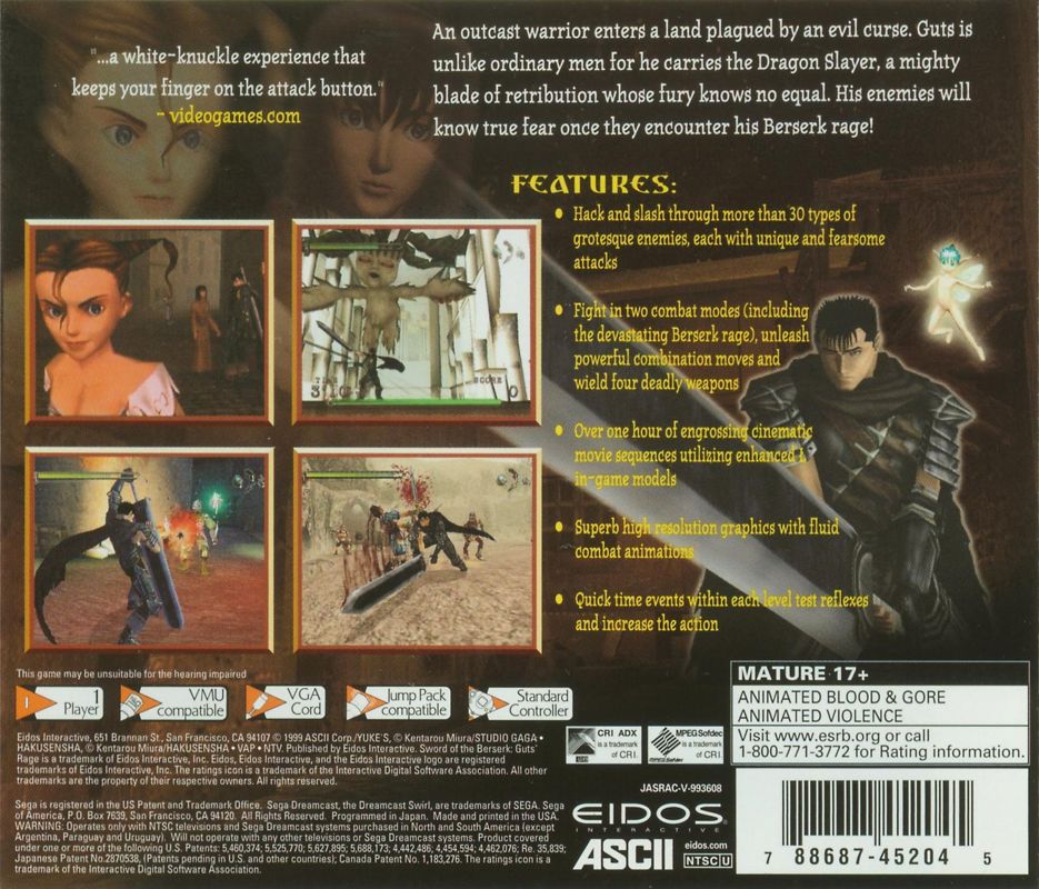 Back Cover for Sword of the Berserk: Guts' Rage (Dreamcast)