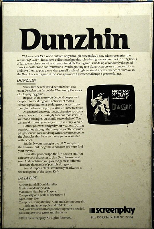 Back Cover for Dunzhin (Atari 8-bit and Commodore 64)