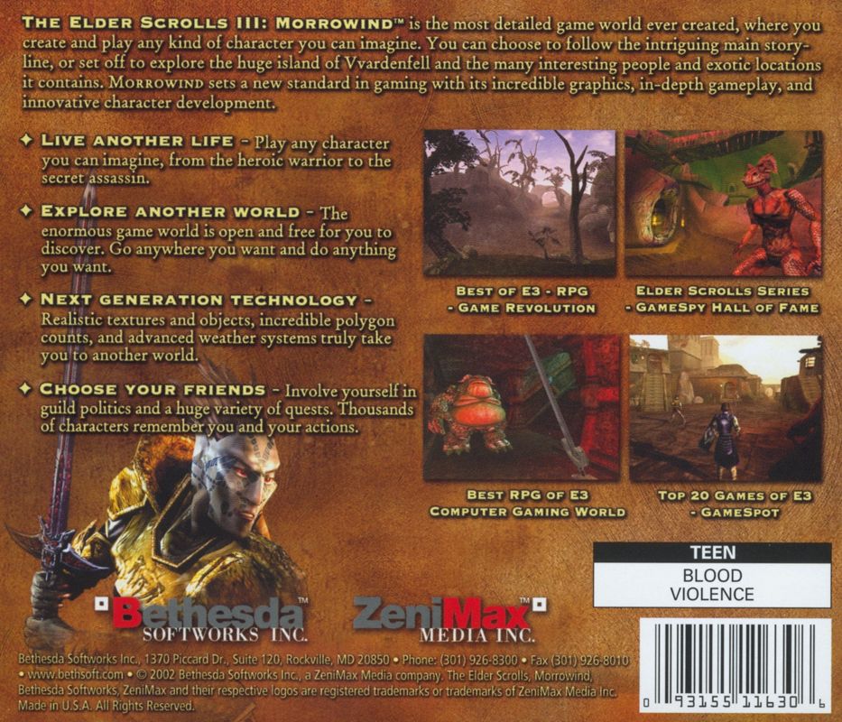 Other for The Elder Scrolls III: Morrowind (Collector's Edition) (Windows): Jewel Case - Back