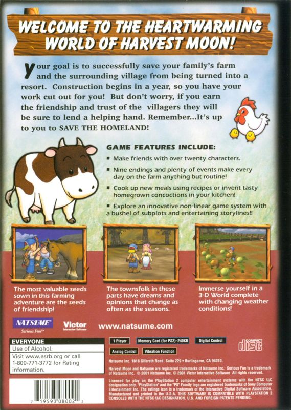 Back Cover for Harvest Moon: Save the Homeland (PlayStation 2)