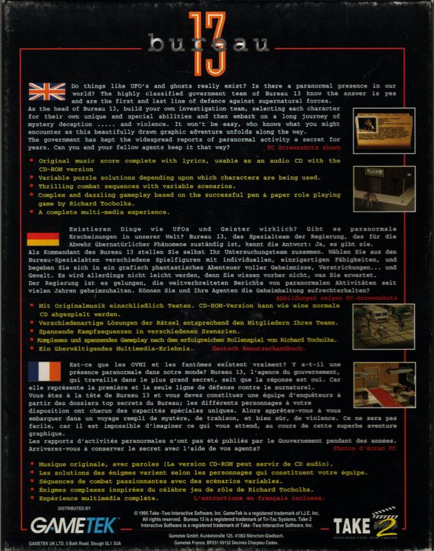 Back Cover for Bureau 13 (DOS) (Disk version)