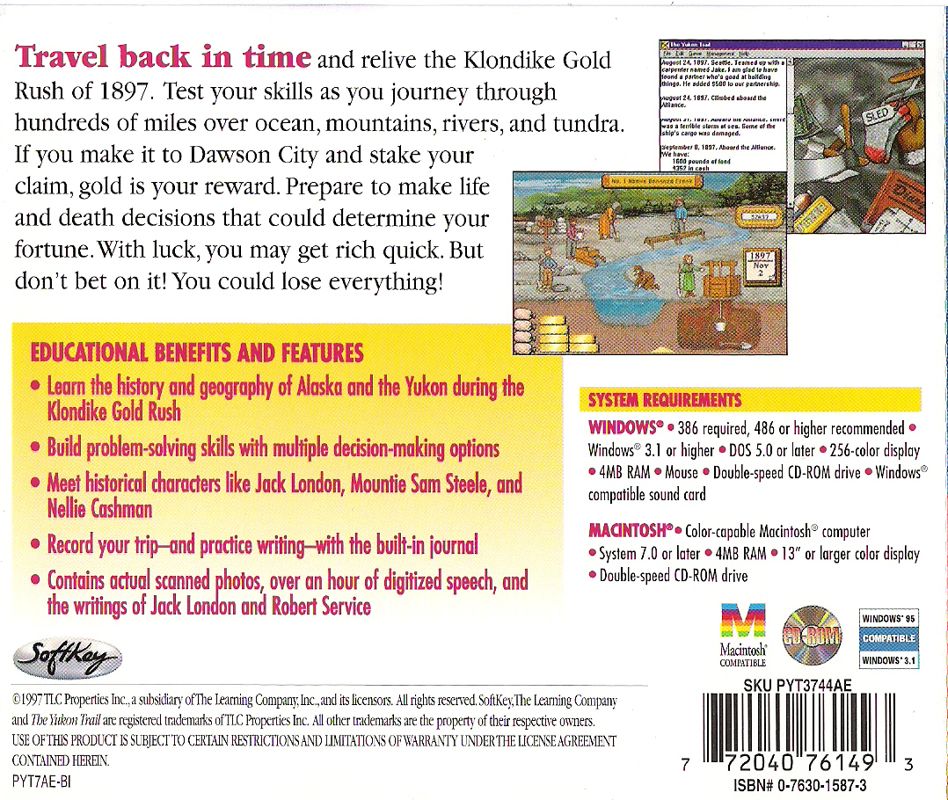 Back Cover for The Yukon Trail (Macintosh and Windows 16-bit)