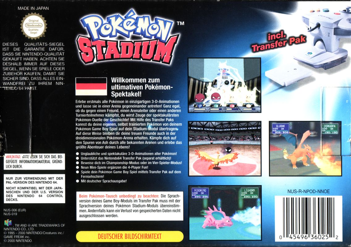 Back Cover for Pokémon Stadium (Nintendo 64) (Transfer Pak included)