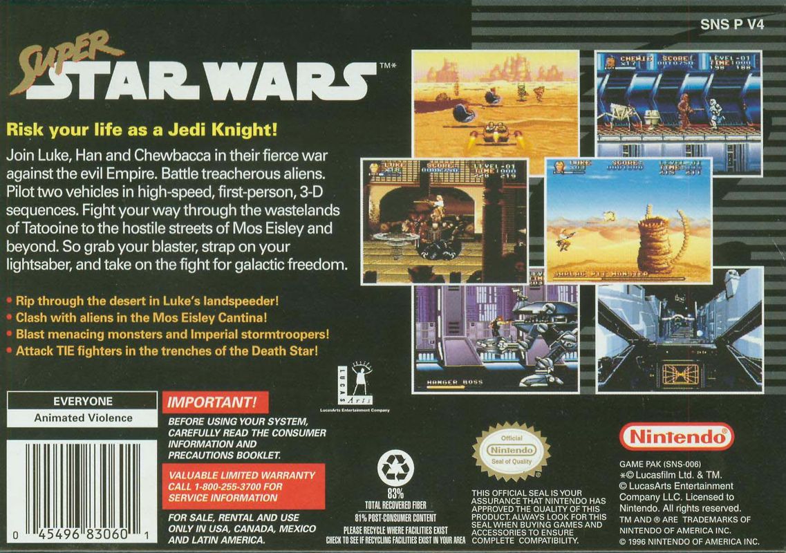 Back Cover for Super Star Wars (SNES) (1998 Release)