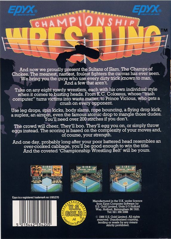 Back Cover for Championship Wrestling (Commodore 64) (Plastic Folder)