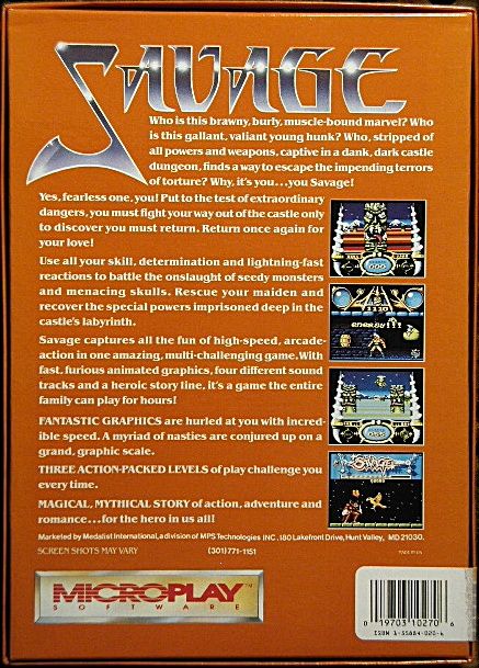 Back Cover for Savage (Commodore 64)
